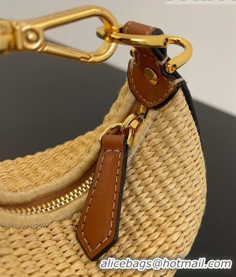 Good Quality Fendi Nano Fendigraphy Hobo Bag Charm in Raffia Straw F7115 Beige/Brown 2023