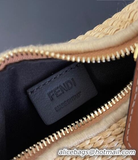 Good Quality Fendi Nano Fendigraphy Hobo Bag Charm in Raffia Straw F7115 Beige/Brown 2023