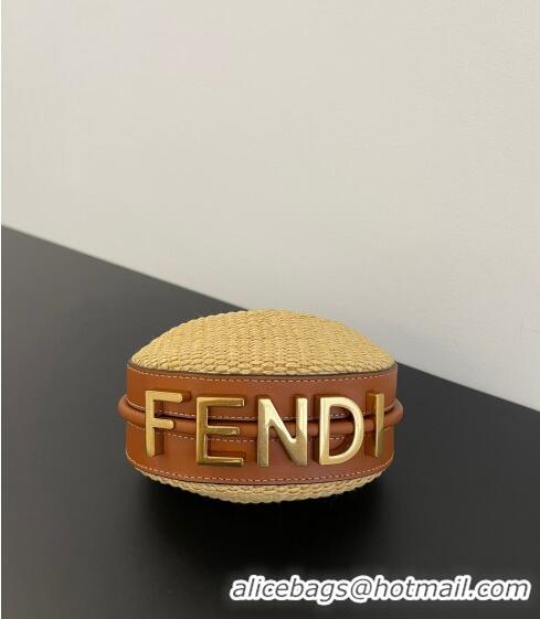 Good Quality Fendi Nano Fendigraphy Hobo Bag Charm in Raffia Straw F7115 Beige/Brown 2023