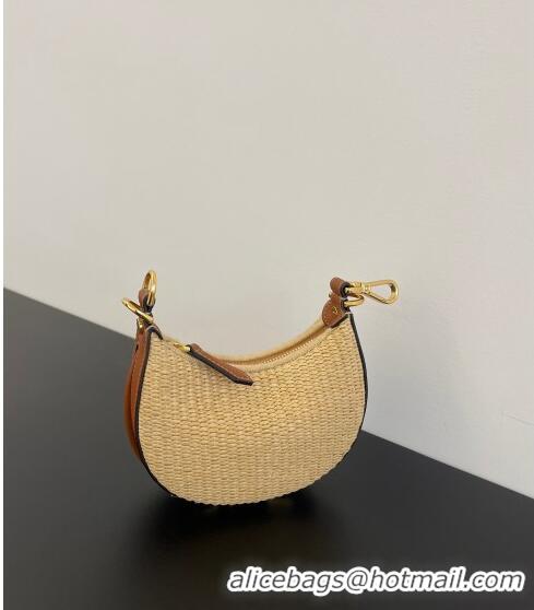 Good Quality Fendi Nano Fendigraphy Hobo Bag Charm in Raffia Straw F7115 Beige/Brown 2023