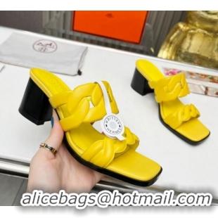 Best Price Hermes Gaby Leather Heel Slide Sandals 6cm Yellow 426025