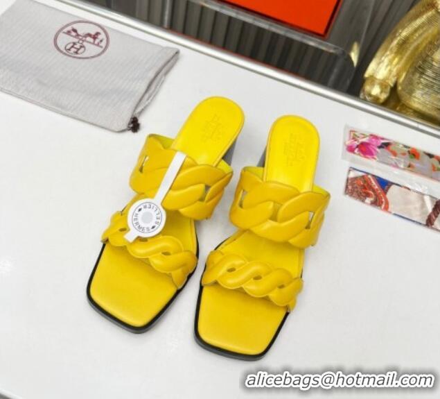 Best Price Hermes Gaby Leather Heel Slide Sandals 6cm Yellow 426025