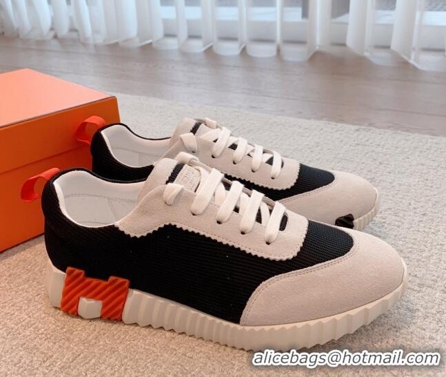 Duplicate Hermes Bouncing Sneakers in Fabric and Suede Black/Orange 351101