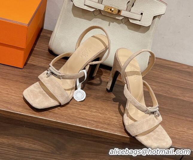 Duplicate Hermes Glamour Suede High Heel Sandals 9.5cm Beige/Silver 525098