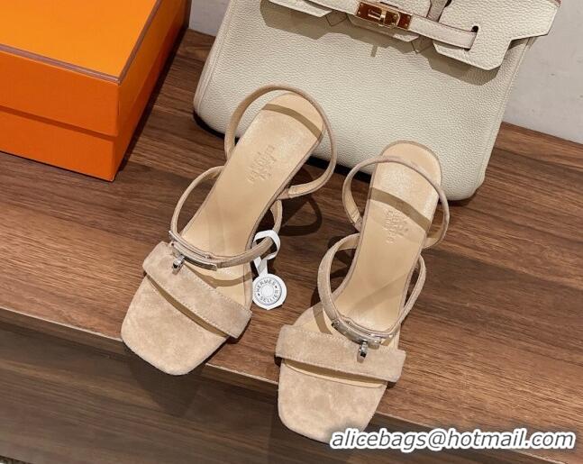 Duplicate Hermes Glamour Suede High Heel Sandals 9.5cm Beige/Silver 525098