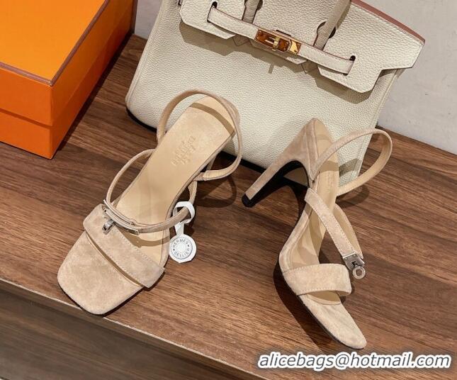 Duplicate Hermes Glamour Suede High Heel Sandals 9.5cm Beige/Silver 525098