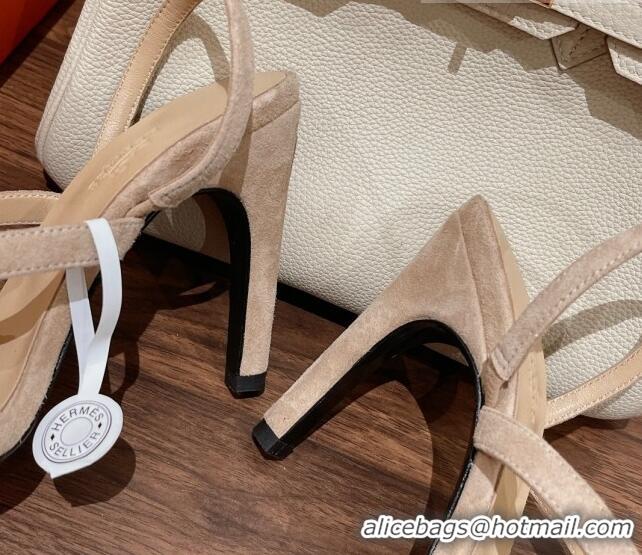 Duplicate Hermes Glamour Suede High Heel Sandals 9.5cm Beige/Silver 525098