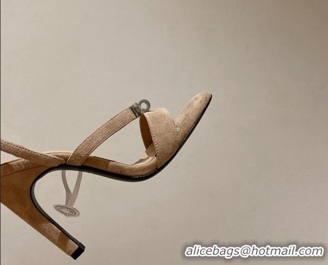 Duplicate Hermes Glamour Suede High Heel Sandals 9.5cm Beige/Silver 525098