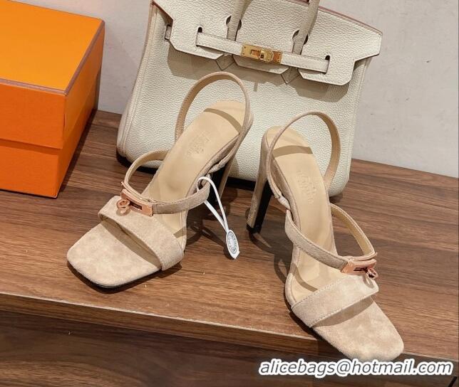 Fashion Luxury Hermes Glamour Suede High Heel Sandals 9.5cm Beige/Gold 525099