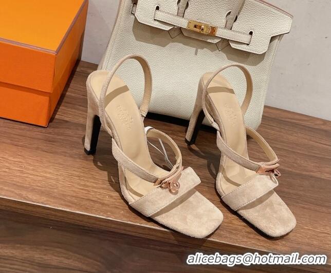 Fashion Luxury Hermes Glamour Suede High Heel Sandals 9.5cm Beige/Gold 525099