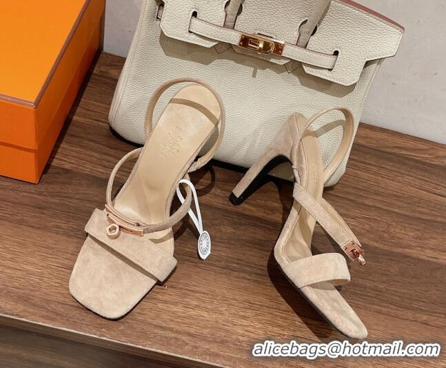 Fashion Luxury Hermes Glamour Suede High Heel Sandals 9.5cm Beige/Gold 525099