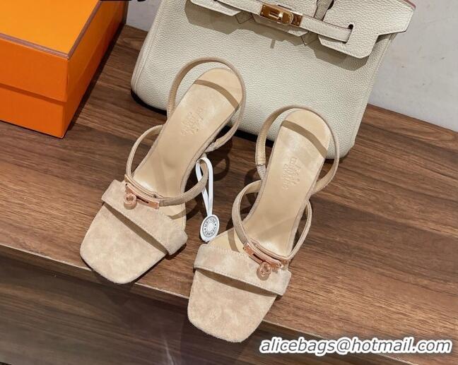 Fashion Luxury Hermes Glamour Suede High Heel Sandals 9.5cm Beige/Gold 525099