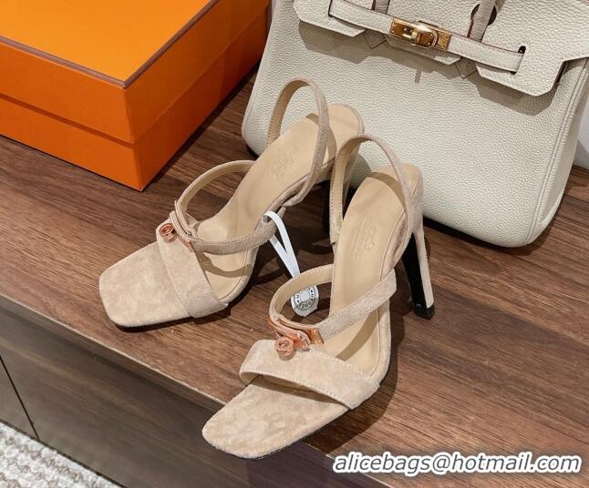 Fashion Luxury Hermes Glamour Suede High Heel Sandals 9.5cm Beige/Gold 525099