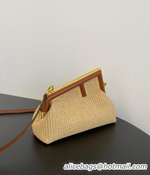 Cheap Design Fendi Fendigraphy Small Hobo Bag in Raffia Straw F7116 Beige/Brown 2023