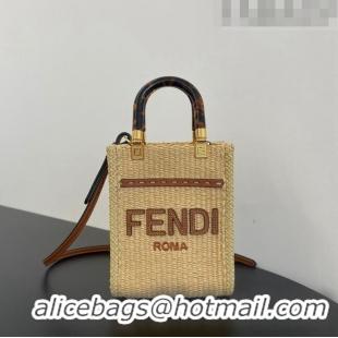 Low Cost Fendi Mini Sunshine Shopper Bag in Raffia Straw F7119 Beige/Brown 2023