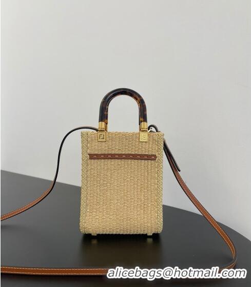 Low Cost Fendi Mini Sunshine Shopper Bag in Raffia Straw F7119 Beige/Brown 2023