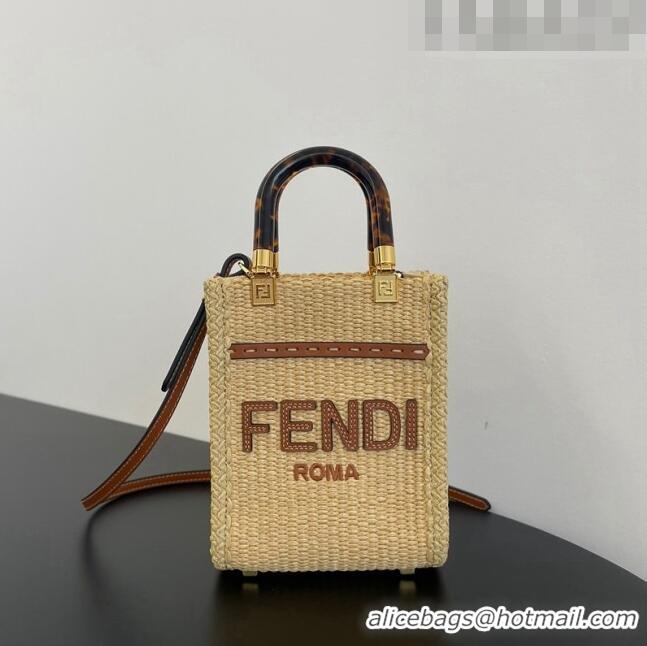 Low Cost Fendi Mini Sunshine Shopper Bag in Raffia Straw F7119 Beige/Brown 2023