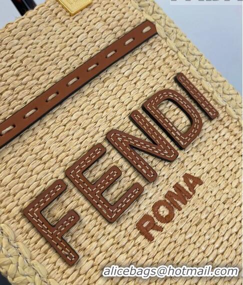 Low Cost Fendi Mini Sunshine Shopper Bag in Raffia Straw F7119 Beige/Brown 2023