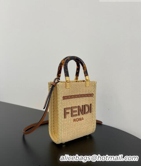 Low Cost Fendi Mini Sunshine Shopper Bag in Raffia Straw F7119 Beige/Brown 2023