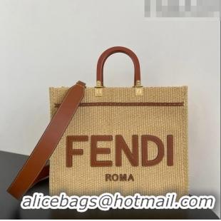 Good Taste Fendi Sunshine Medium Shopper Tote Bag in Raffia Straw F7120 Beige/Brown 2023