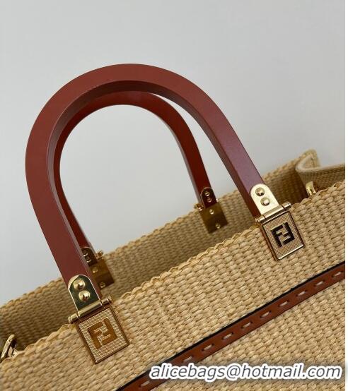 Good Taste Fendi Sunshine Medium Shopper Tote Bag in Raffia Straw F7120 Beige/Brown 2023