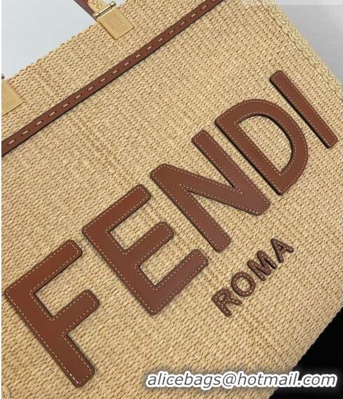 Good Taste Fendi Sunshine Medium Shopper Tote Bag in Raffia Straw F7120 Beige/Brown 2023