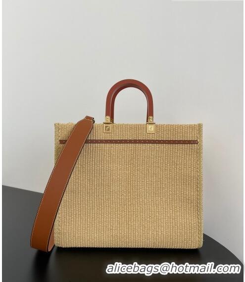 Good Taste Fendi Sunshine Medium Shopper Tote Bag in Raffia Straw F7120 Beige/Brown 2023