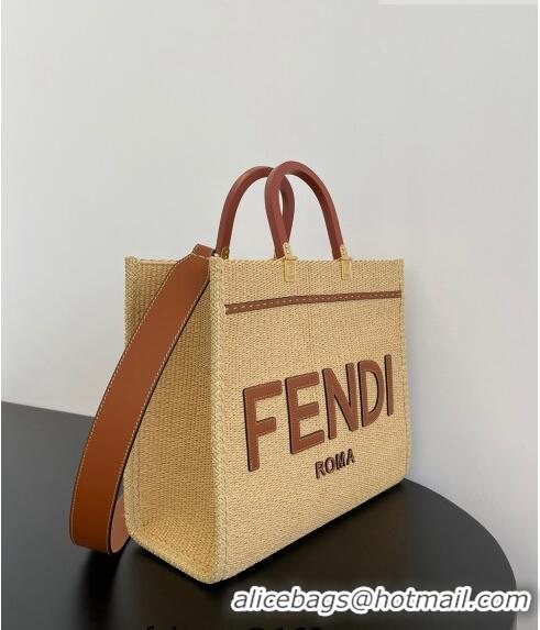 Good Taste Fendi Sunshine Medium Shopper Tote Bag in Raffia Straw F7120 Beige/Brown 2023