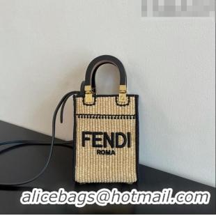 New Fashion Fendi Mini Sunshine Shopper Bag in Raffia Straw F7121 Beige/Black 2023