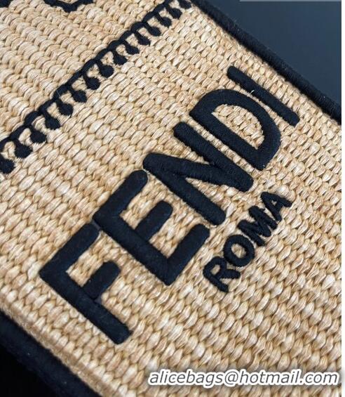 New Fashion Fendi Mini Sunshine Shopper Bag in Raffia Straw F7121 Beige/Black 2023