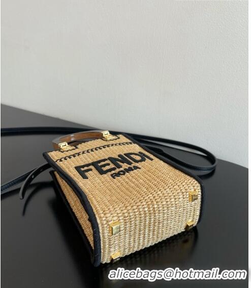 New Fashion Fendi Mini Sunshine Shopper Bag in Raffia Straw F7121 Beige/Black 2023