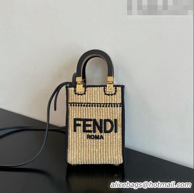 New Fashion Fendi Mini Sunshine Shopper Bag in Raffia Straw F7121 Beige/Black 2023