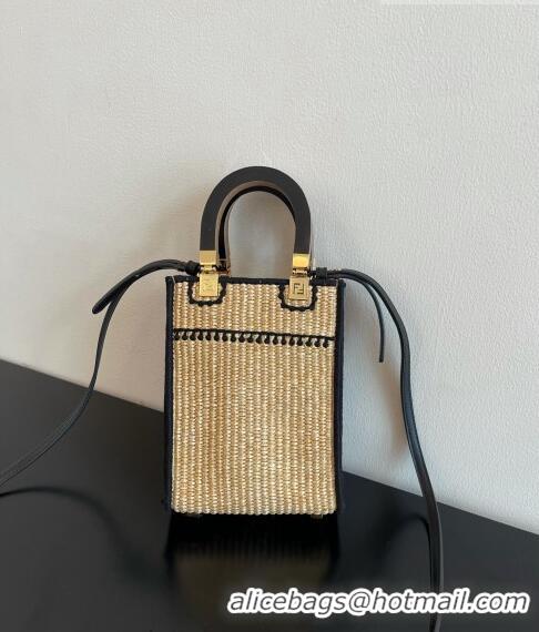 New Fashion Fendi Mini Sunshine Shopper Bag in Raffia Straw F7121 Beige/Black 2023