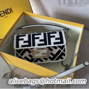 Elegant Fendi Baguette Mini Bag in White and black canvas bag with FF embroidery F7030 2023