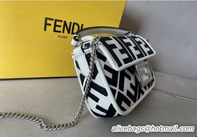 Elegant Fendi Baguette Mini Bag in White and black canvas bag with FF embroidery F7030 2023