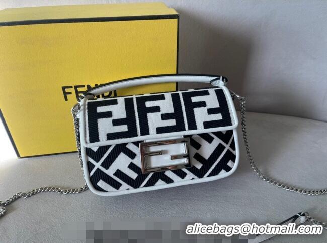 Elegant Fendi Baguette Mini Bag in White and black canvas bag with FF embroidery F7030 2023