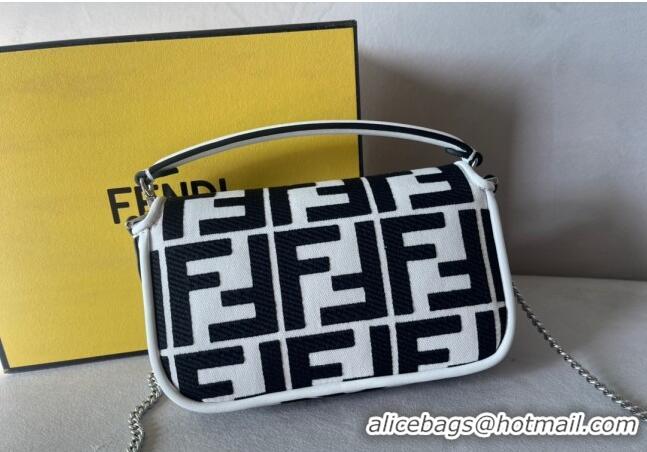 Elegant Fendi Baguette Mini Bag in White and black canvas bag with FF embroidery F7030 2023