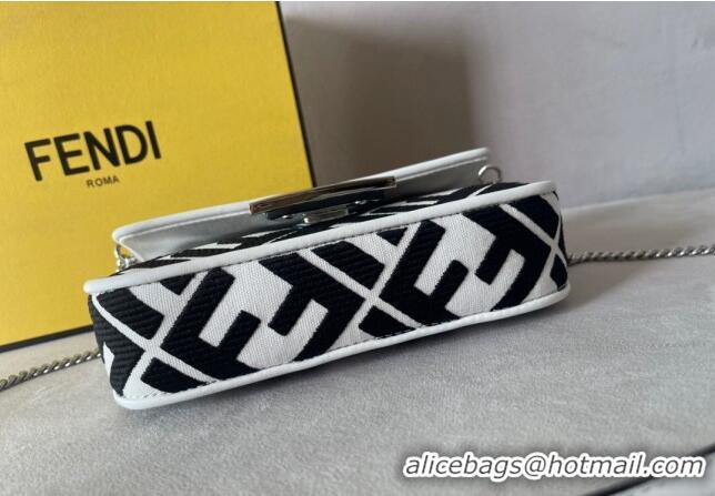 Elegant Fendi Baguette Mini Bag in White and black canvas bag with FF embroidery F7030 2023