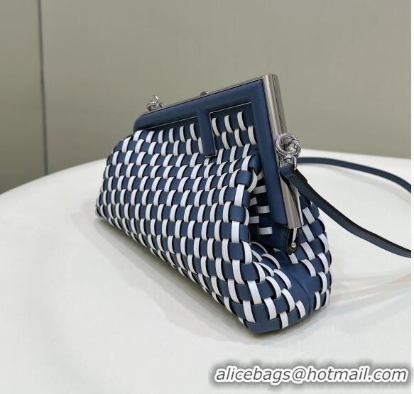 Purchase Design Fendi First Small Bag in Woven Leather F7039 White/Dark Blue 2023