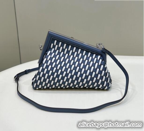 Purchase Design Fendi First Small Bag in Woven Leather F7039 White/Dark Blue 2023