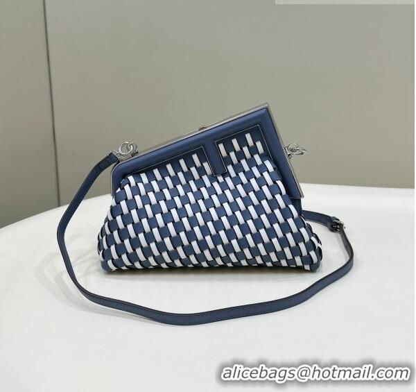 Purchase Design Fendi First Small Bag in Woven Leather F7039 White/Dark Blue 2023