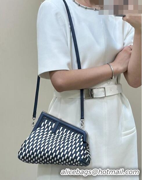 Purchase Design Fendi First Small Bag in Woven Leather F7039 White/Dark Blue 2023