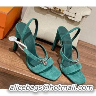 Sophisticated Hermes Glamour Suede High Heel Sandals 9.5cm Green 0525102