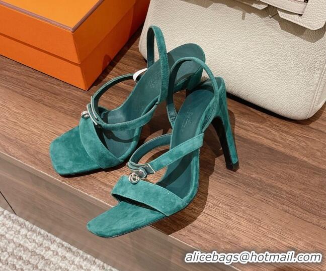 Sophisticated Hermes Glamour Suede High Heel Sandals 9.5cm Green 0525102