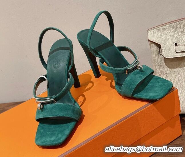 Sophisticated Hermes Glamour Suede High Heel Sandals 9.5cm Green 0525102