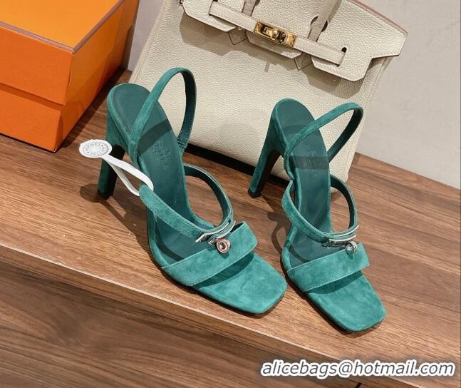 Sophisticated Hermes Glamour Suede High Heel Sandals 9.5cm Green 0525102