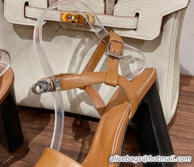 Duplicate Hermes Elancee Leather High Heel Sandals 11cm Brown 525103