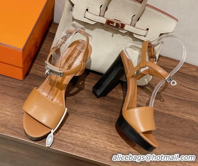 Duplicate Hermes Elancee Leather High Heel Sandals 11cm Brown 525103