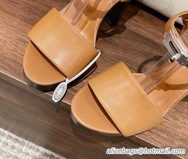 Duplicate Hermes Elancee Leather High Heel Sandals 11cm Brown 525103