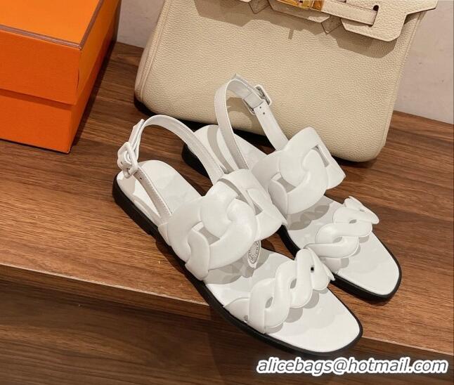 Discount Hermes Grace Flat Sandals in Nappa leather Chain White 525106